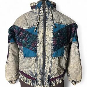 VintageAcid Wash Denim Patchwork Bomber Jacket Floral size 12 track jacket retro